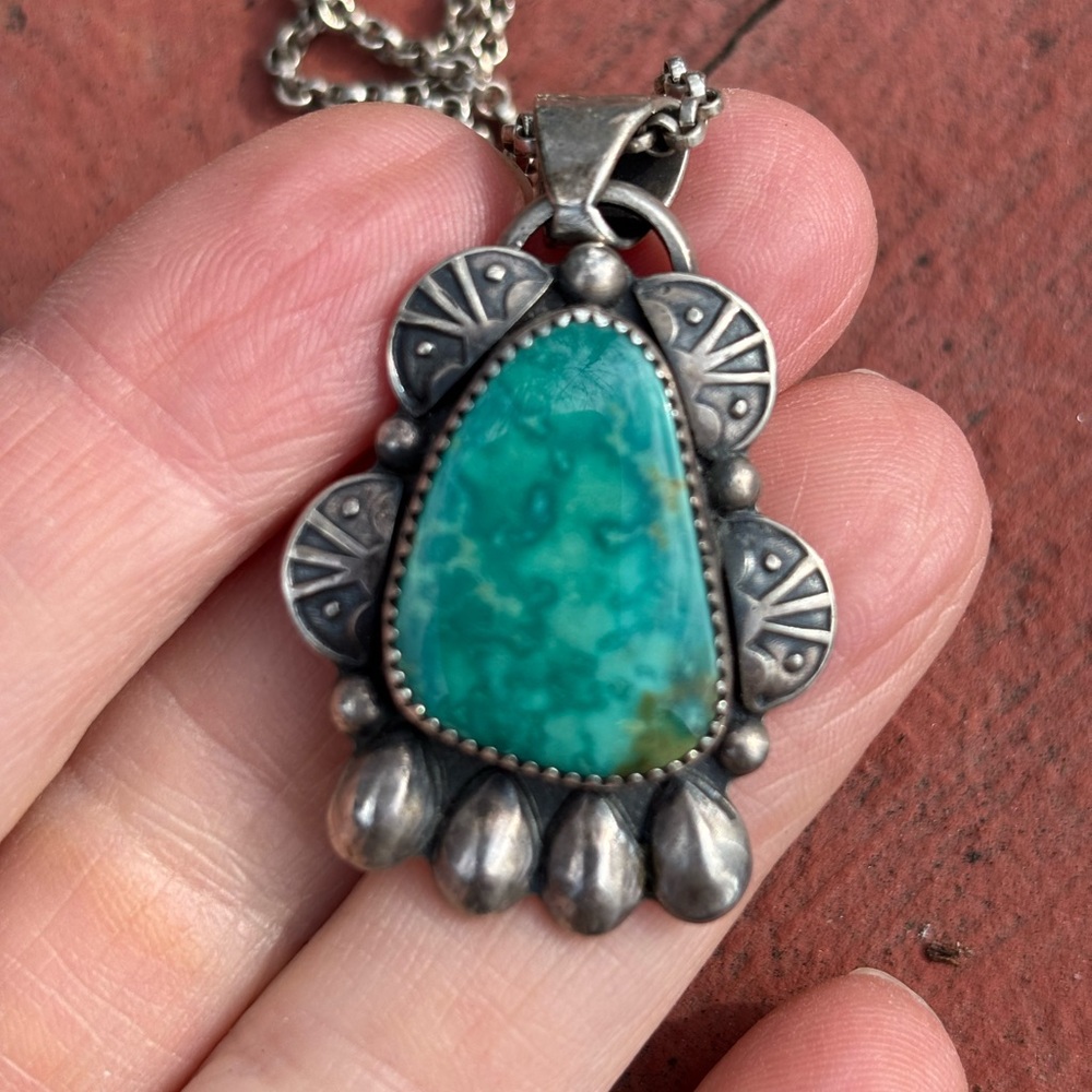 Vintage Stamped Silver and Turquoise Pendant Necklace